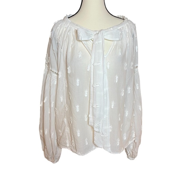 FARM RIO White Pineapple Embroidered Long Sleeve Boho Blouse Cotton Size Small - Picture 2 of 12